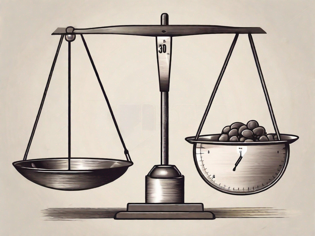 A scale balancing a weight labeled as "30 pounds" on one side and a variety of everyday items on the other side