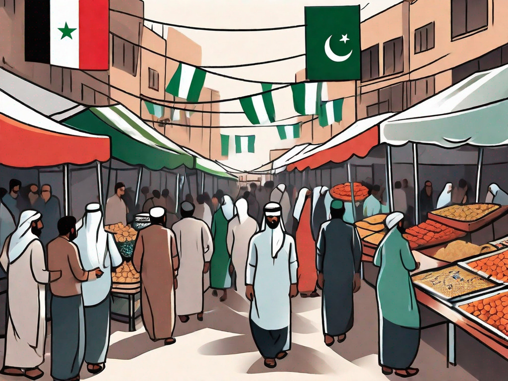 A bustling open market scene in pakistan with various stalls