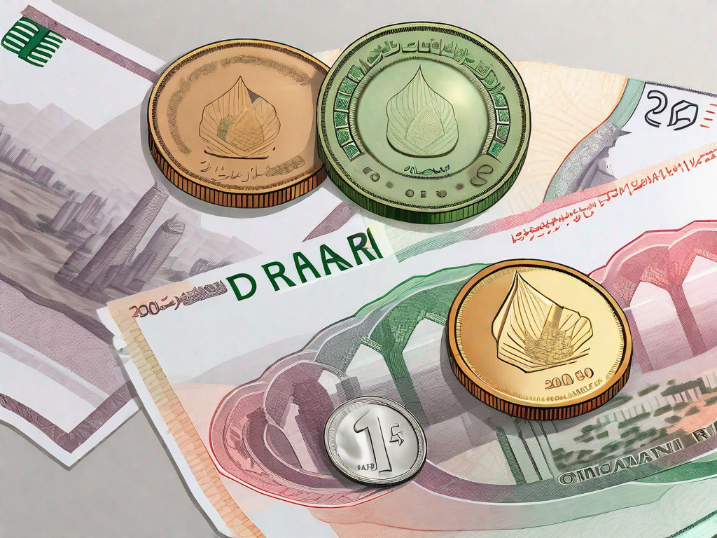 Five omani riyal notes and united arab emirates dirham coins to represent the exchange rate between the two currencies