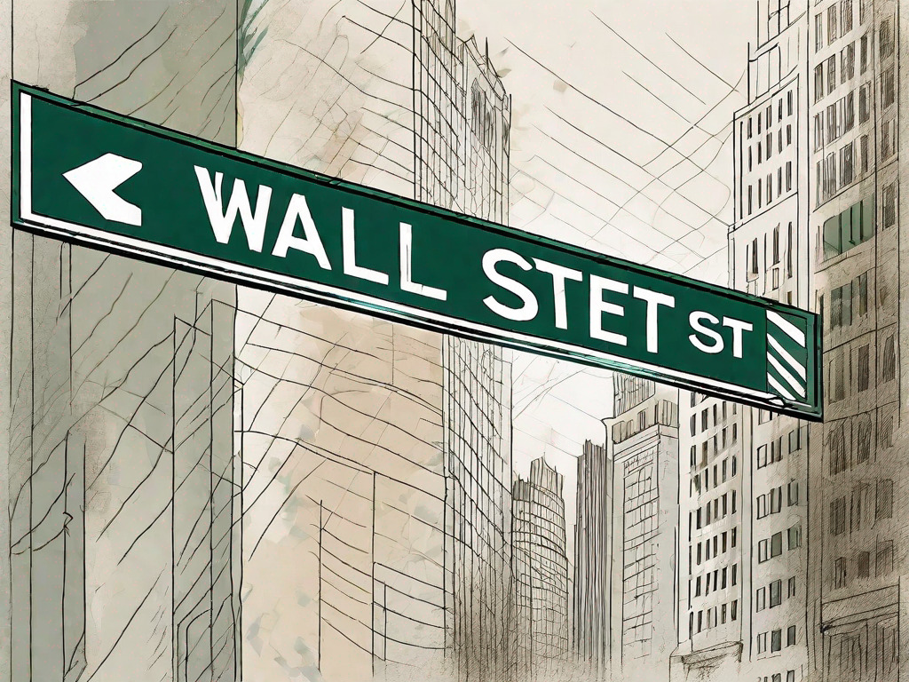 The wall street street sign with an abstract representation of currency exchange rates fluctuating in the background