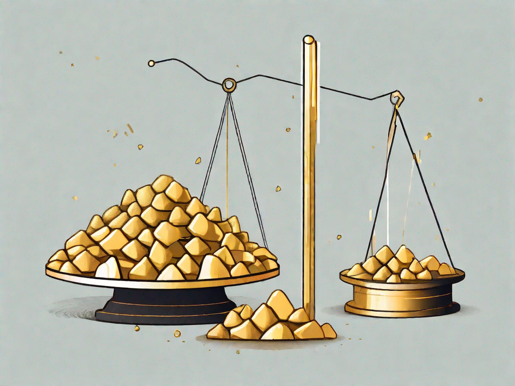 A pair of golden scales with a pile of gold nuggets on one side and a line graph on the other