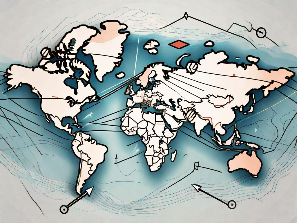 A global map with symbolic currency exchange arrows flowing between various countries