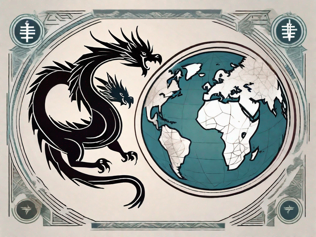 Two currencies symbolically represented - the chinese yuan as a dragon and the us dollar as an eagle