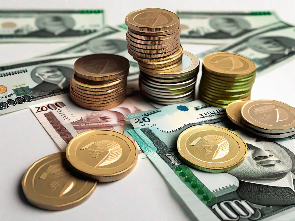 A stack of 2000 dirham coins next to a larger stack of pakistani rupee notes to represent the conversion rate