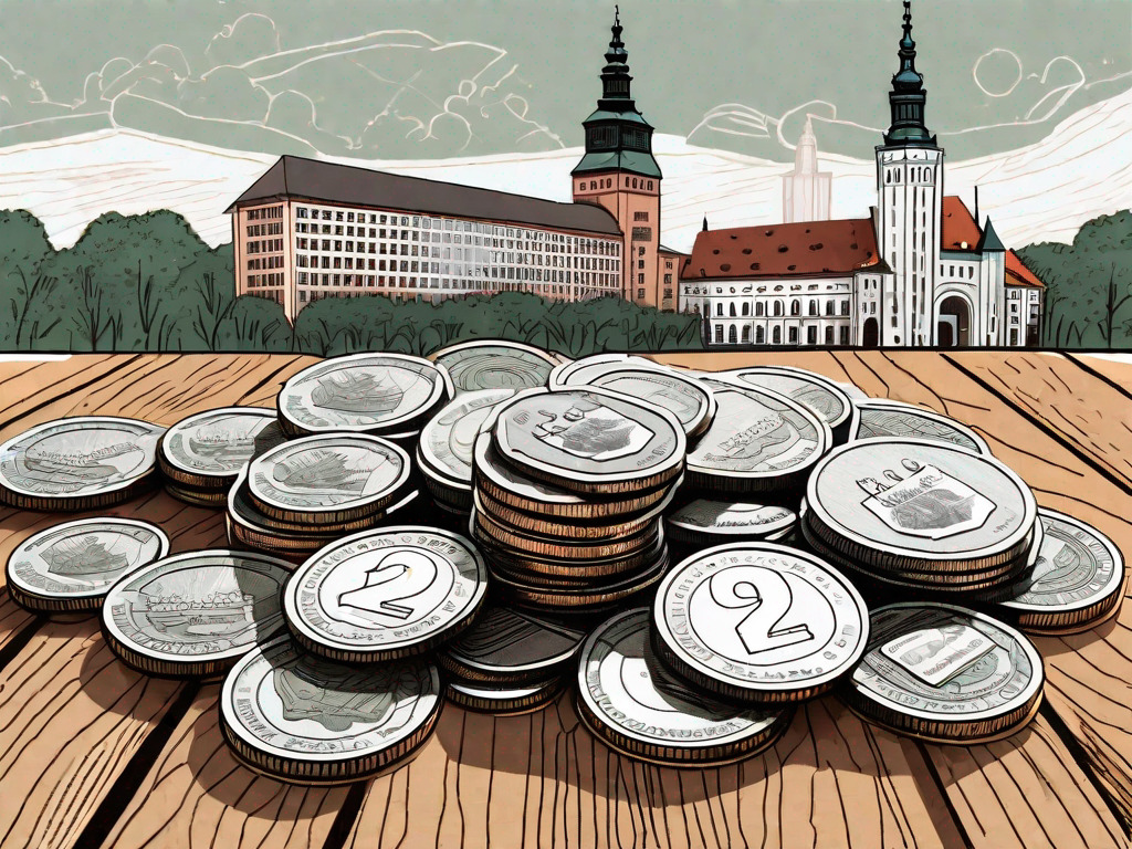 Various polish złoty coins and banknotes scattered on a wooden table